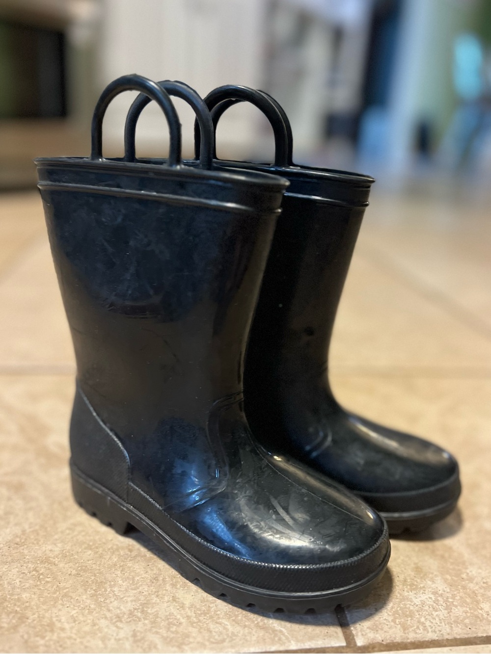 Kids Black Waterproof Rain Boots with Easy-Grab Handles